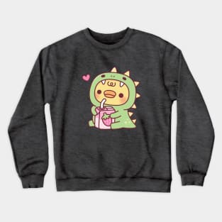 Duck In Cute Dinosaur Costume With Strawberry Milk Crewneck Sweatshirt